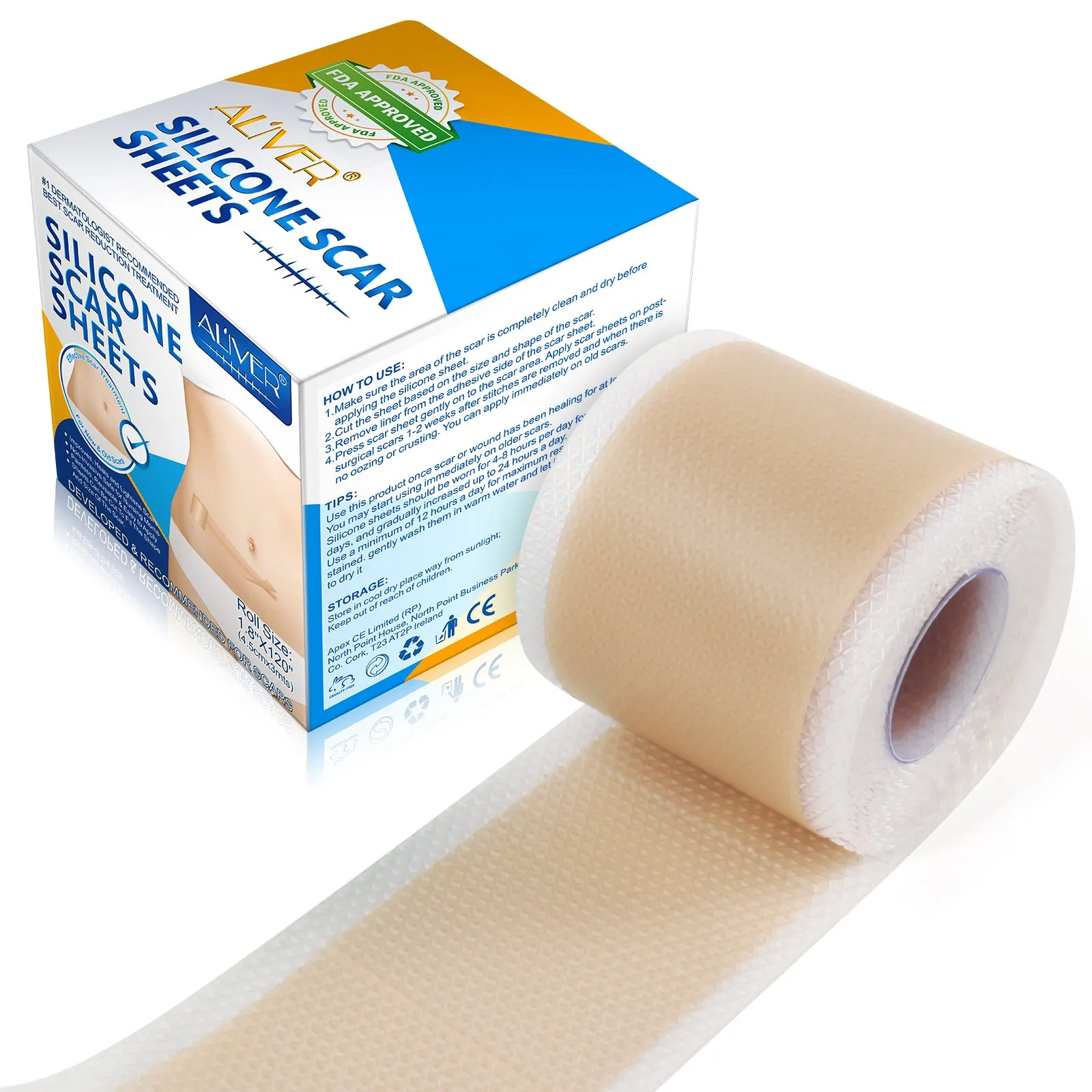 ALIVER Silicone Scar Sheets, Silicone Scar Tape-1.8”x120”, Scar Removal Strips for Acne Scars C-Section & Keloid Surgery Scars Sheets - 6-8 Month Supply