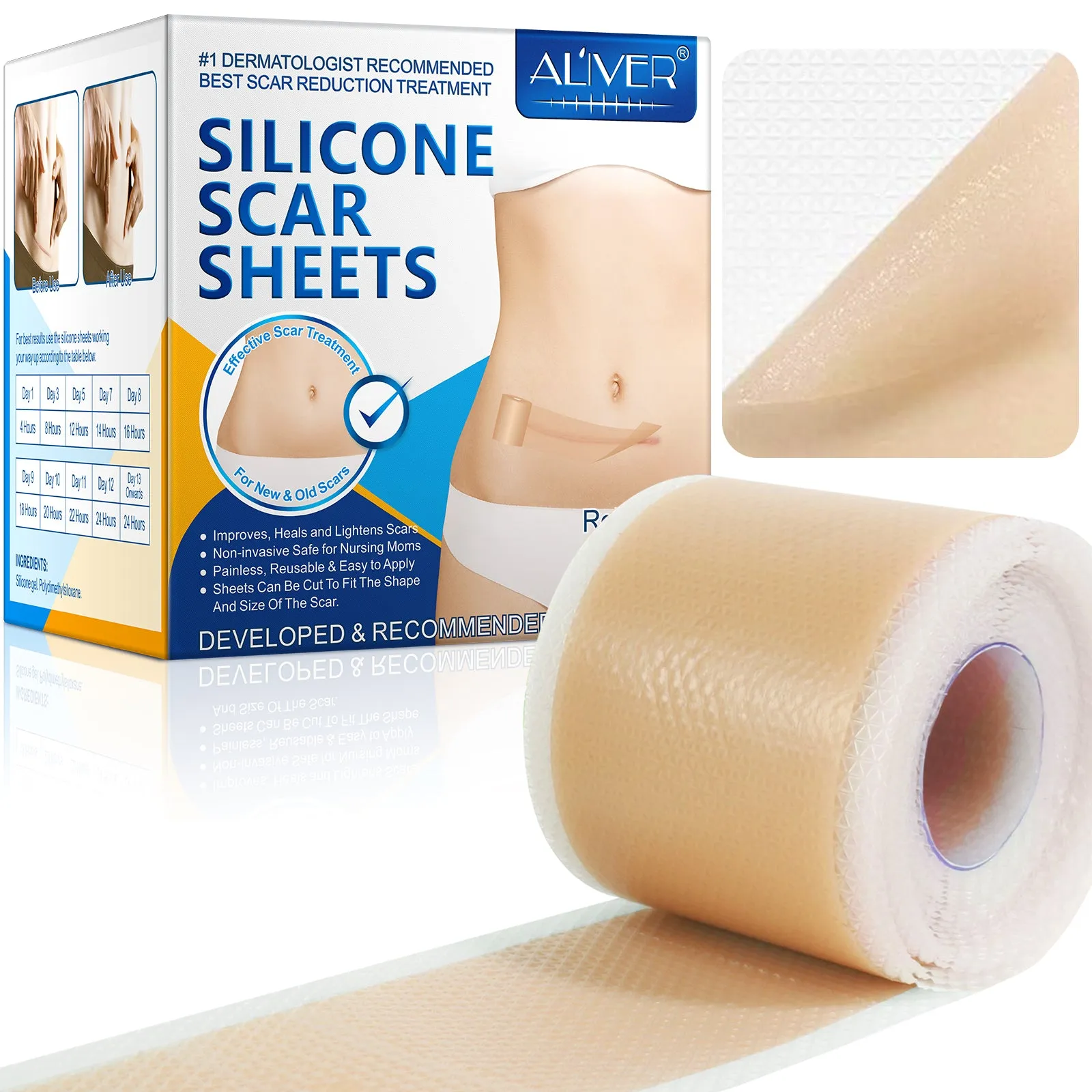 ALIVER Silicone Scar Sheets, Silicone Scar Tape-1.8”x120”, Scar Removal Strips for Acne Scars C-Section & Keloid Surgery Scars Sheets - 6-8 Month Supply