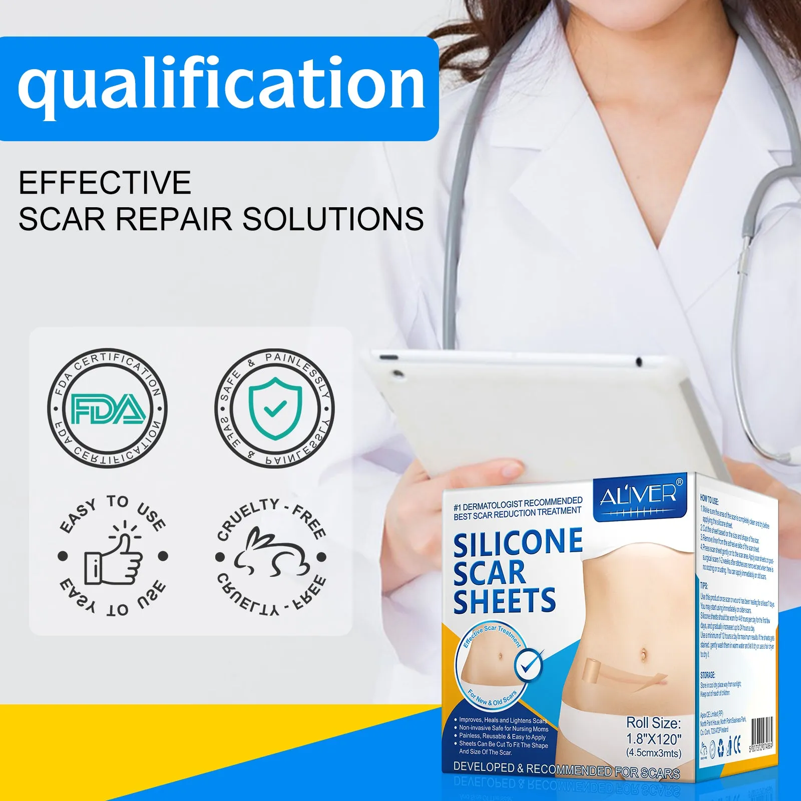 ALIVER Silicone Scar Sheets, Silicone Scar Tape-1.8”x120”, Scar Removal Strips for Acne Scars C-Section & Keloid Surgery Scars Sheets - 6-8 Month Supply