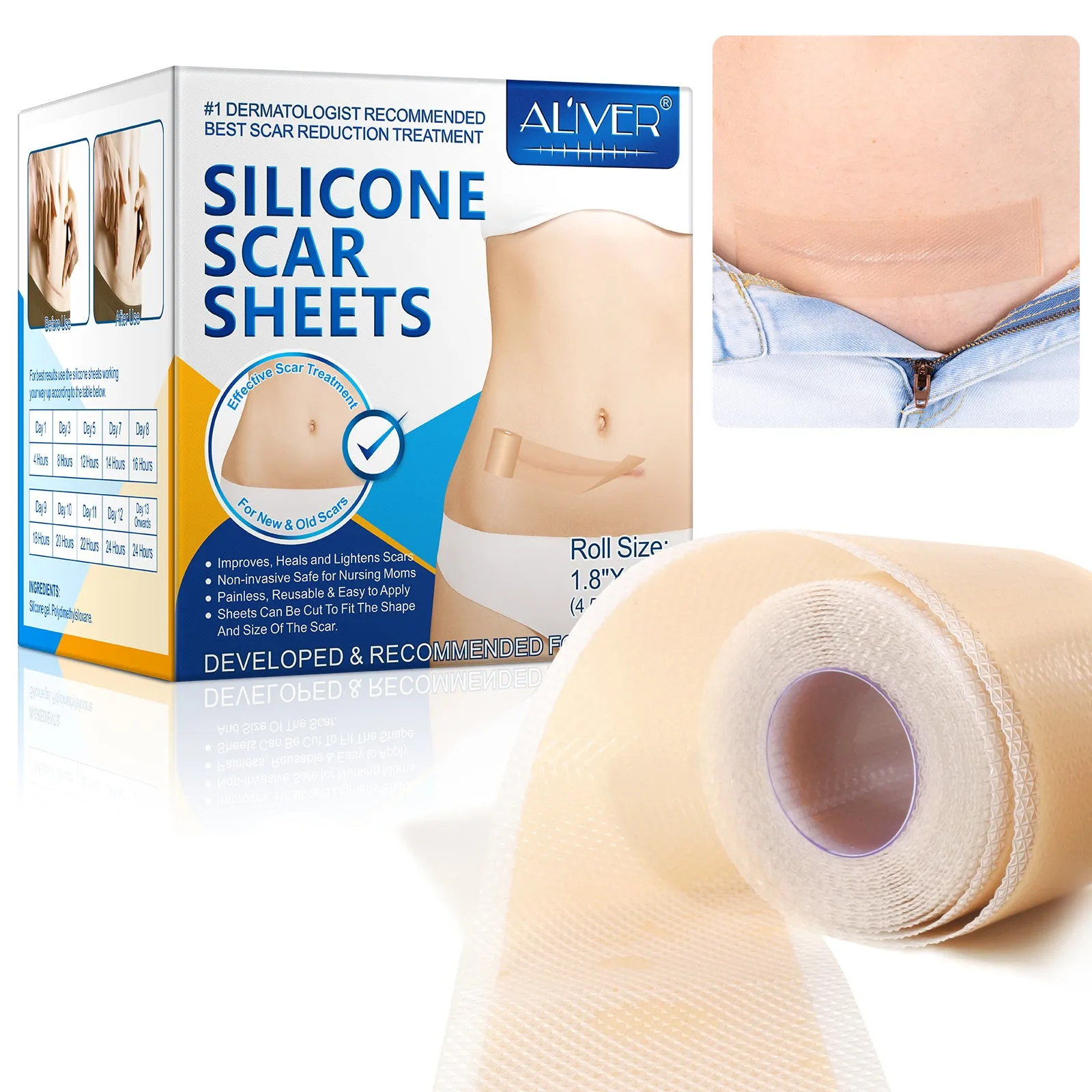 ALIVER Silicone Scar Sheets, Silicone Scar Tape-1.8”x120”, Scar Removal Strips for Acne Scars C-Section & Keloid Surgery Scars Sheets - 6-8 Month Supply