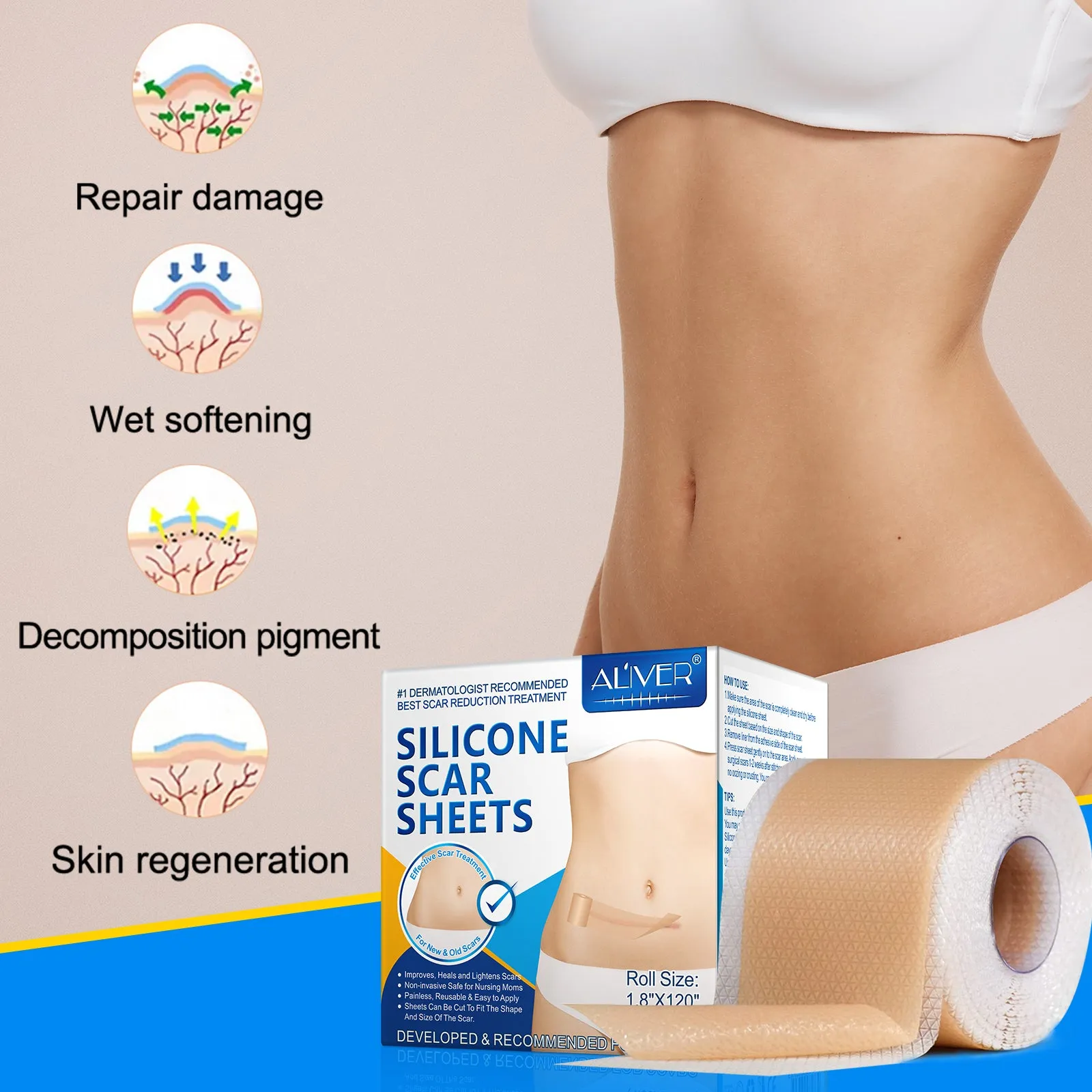 ALIVER Silicone Scar Sheets, Silicone Scar Tape-1.8”x120”, Scar Removal Strips for Acne Scars C-Section & Keloid Surgery Scars Sheets - 6-8 Month Supply