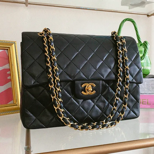 Chanel 1990 Made Classic Flap Matelasse Plate Chain Hand Bag Black
