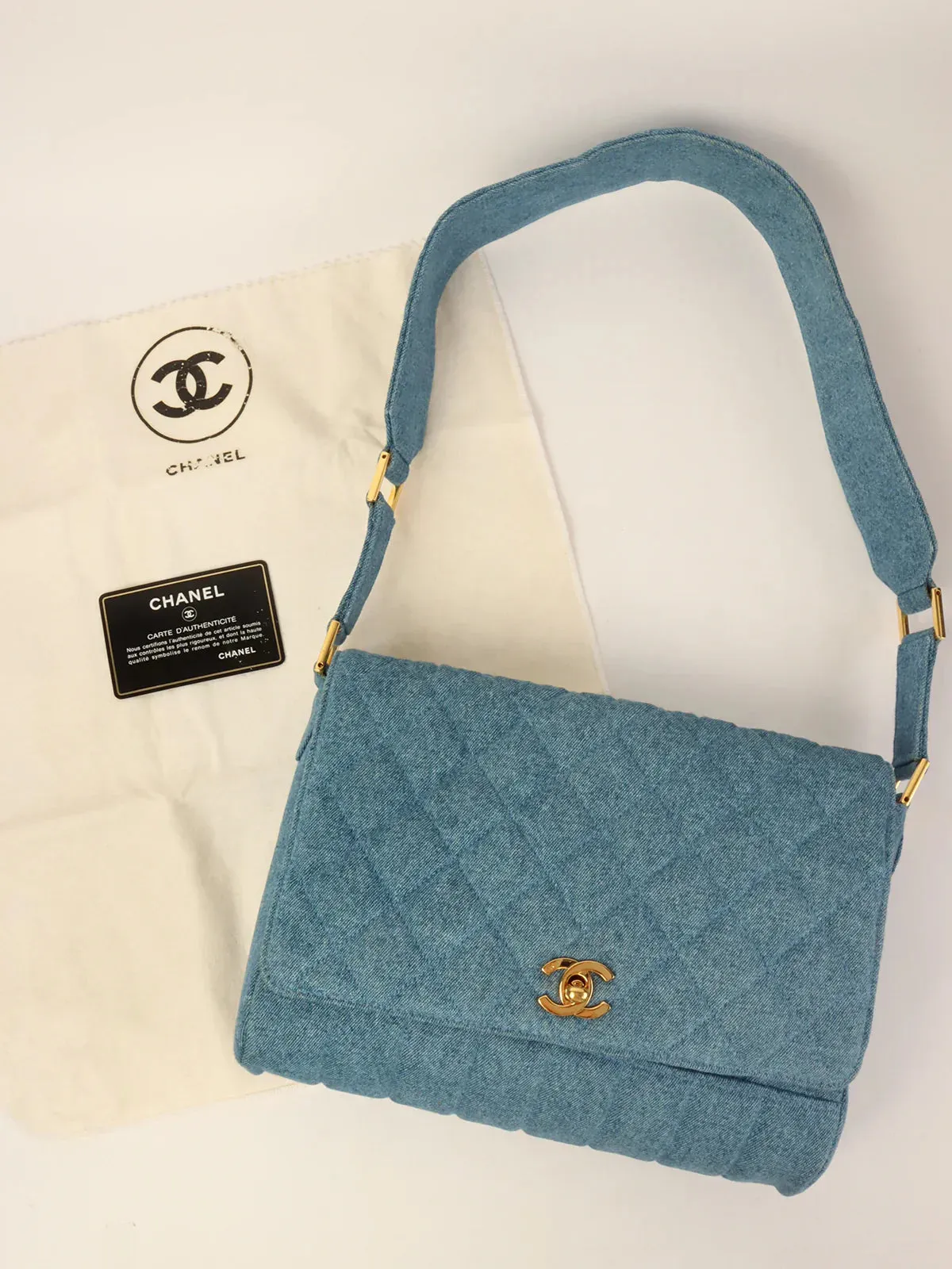 CHANEL Around 1990 Made Denim Turn-Lock Shoulder Bag Indigo