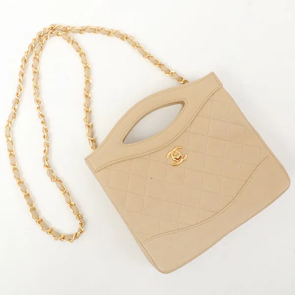 Chanel Around 1990 Made Turn-Lock Mini 2Way Chain Bag Beige