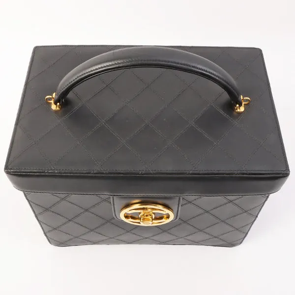 Chanel Around 1992 Made Bicolore Stitch Round Turn-Lock Vanity 2Way Bag Black
