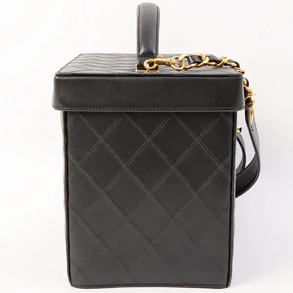 Chanel Around 1992 Made Bicolore Stitch Round Turn-Lock Vanity 2Way Bag Black