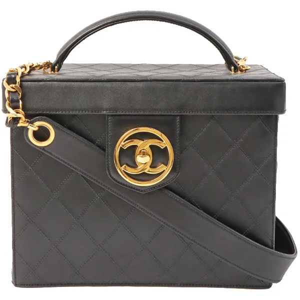 Chanel Around 1992 Made Bicolore Stitch Round Turn-Lock Vanity 2Way Bag Black