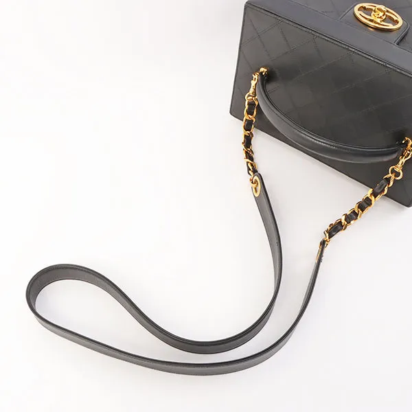 Chanel Around 1992 Made Bicolore Stitch Round Turn-Lock Vanity 2Way Bag Black