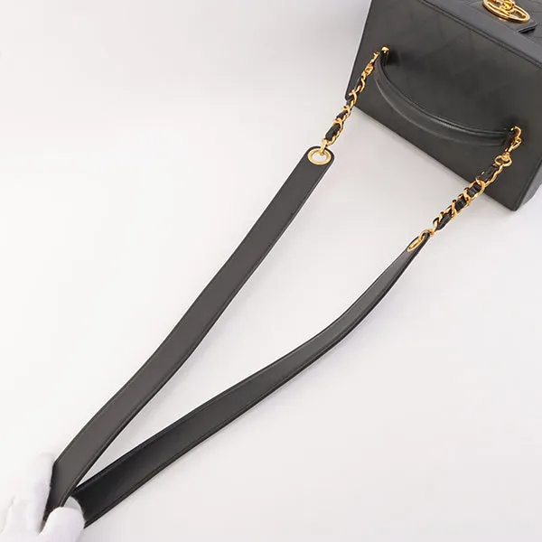 Chanel Around 1992 Made Bicolore Stitch Round Turn-Lock Vanity 2Way Bag Black