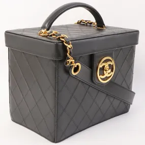 Chanel Around 1992 Made Bicolore Stitch Round Turn-Lock Vanity 2Way Bag Black