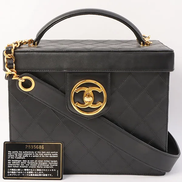 Chanel Around 1992 Made Bicolore Stitch Round Turn-Lock Vanity 2Way Bag Black
