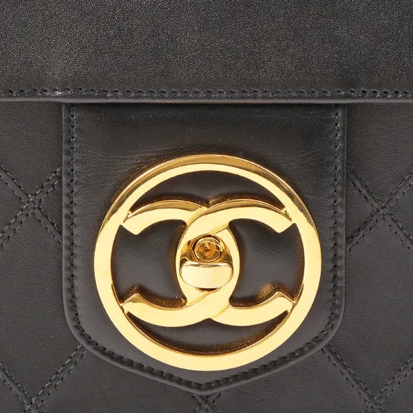 Chanel Around 1992 Made Bicolore Stitch Round Turn-Lock Vanity 2Way Bag Black