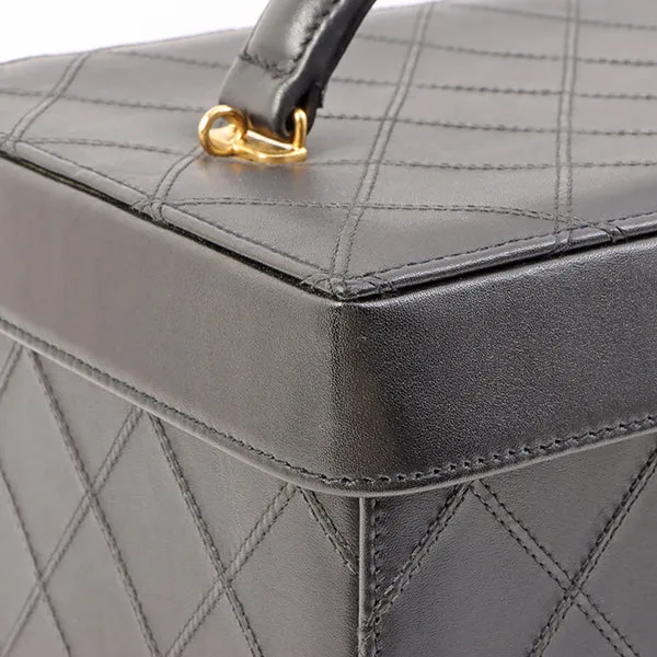 Chanel Around 1992 Made Bicolore Stitch Round Turn-Lock Vanity 2Way Bag Black