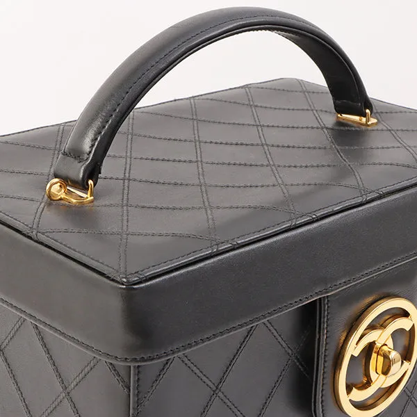 Chanel Around 1992 Made Bicolore Stitch Round Turn-Lock Vanity 2Way Bag Black