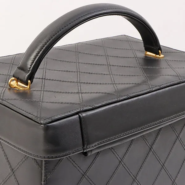 Chanel Around 1992 Made Bicolore Stitch Round Turn-Lock Vanity 2Way Bag Black