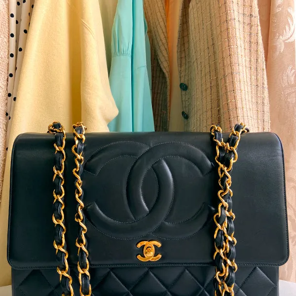 Chanel Around 1992 Made Big Cc Mark Stitch Turn-Lock Chain Bag Black