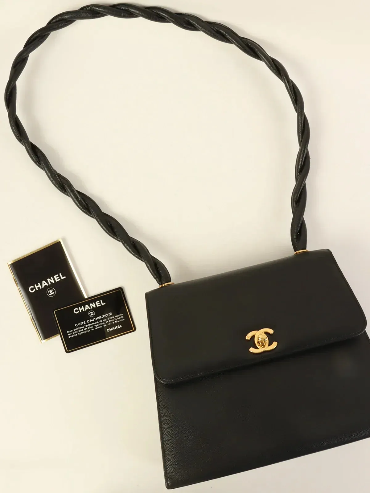 CHANEL Around 1998 Made Caviar Skin Turn-Lock Twist Shoulder Bag Black