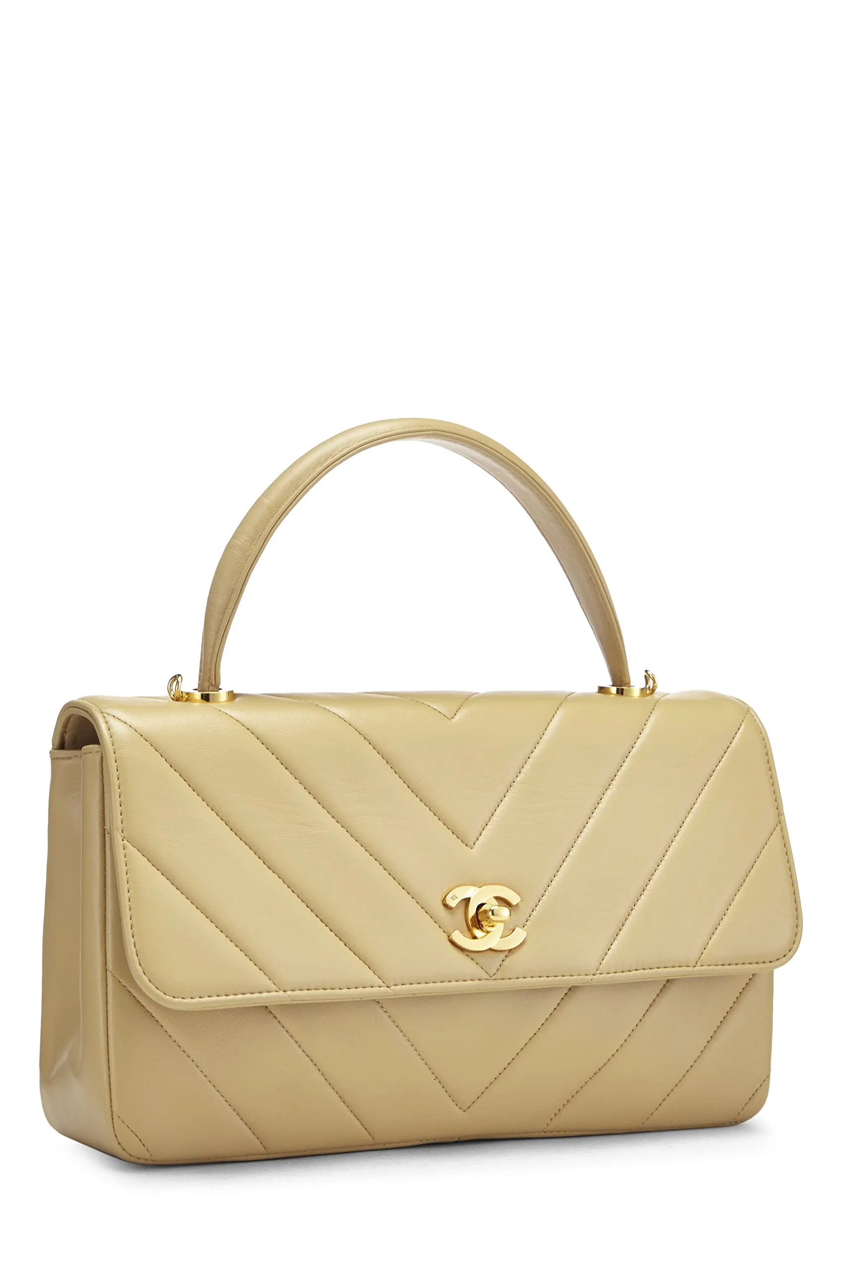 Chanel,  Beige Chevron Lambskin Top Handle Bag, Beige