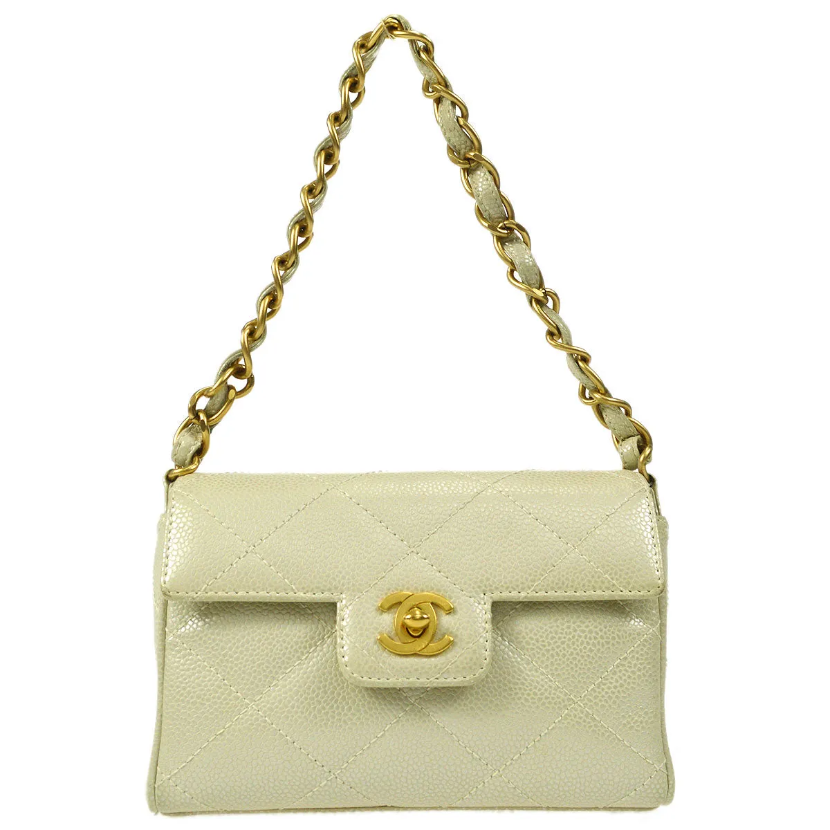 CHANEL Chain Handbag Pearl White Caviar
