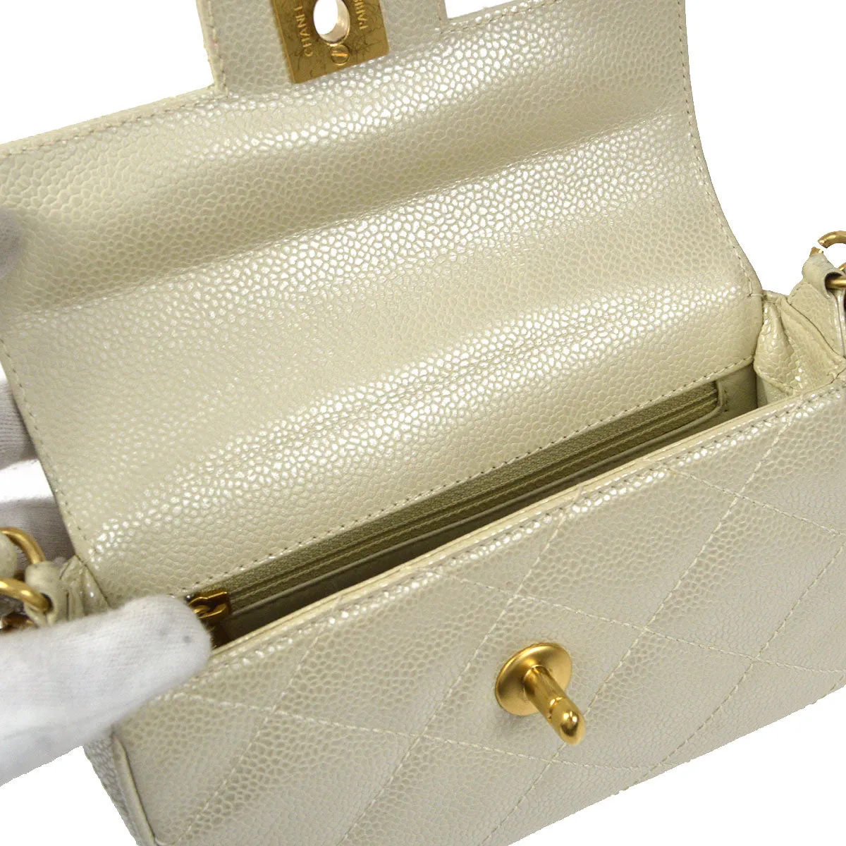 CHANEL Chain Handbag Pearl White Caviar