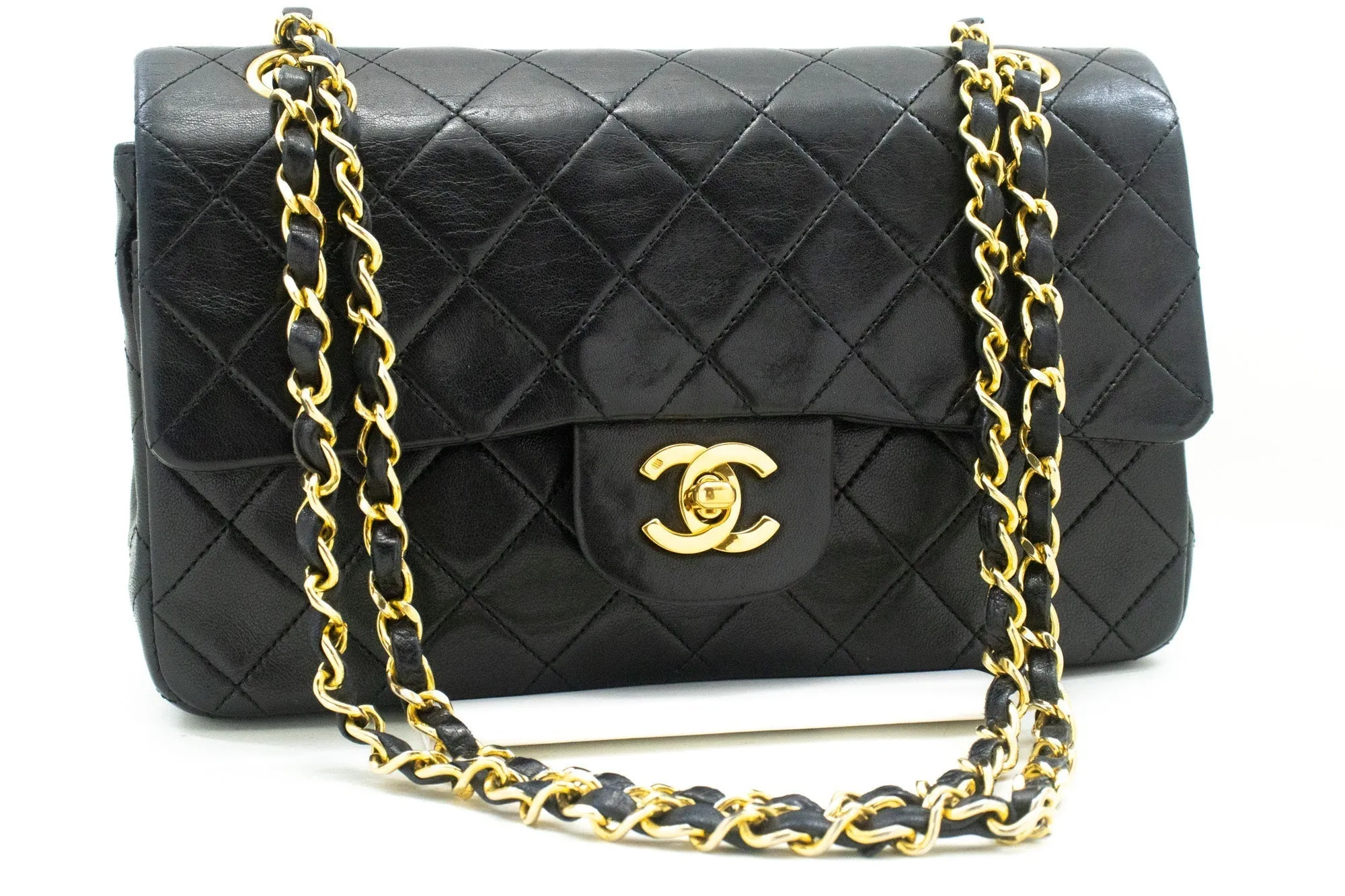 CHANEL Classic Double Flap 9" Chain Shoulder Bag Black Lambskin