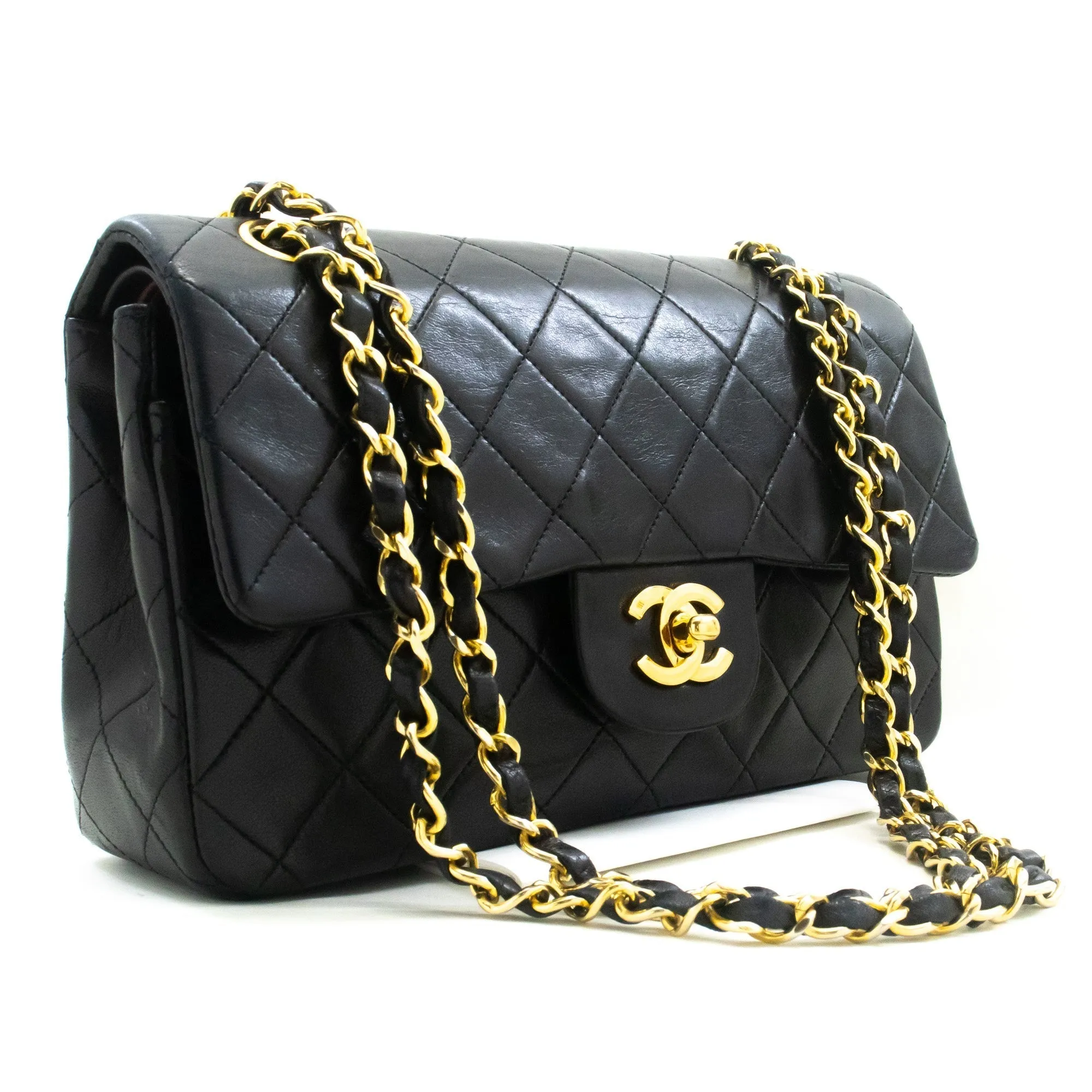 CHANEL Classic Double Flap 9" Chain Shoulder Bag Black Lambskin