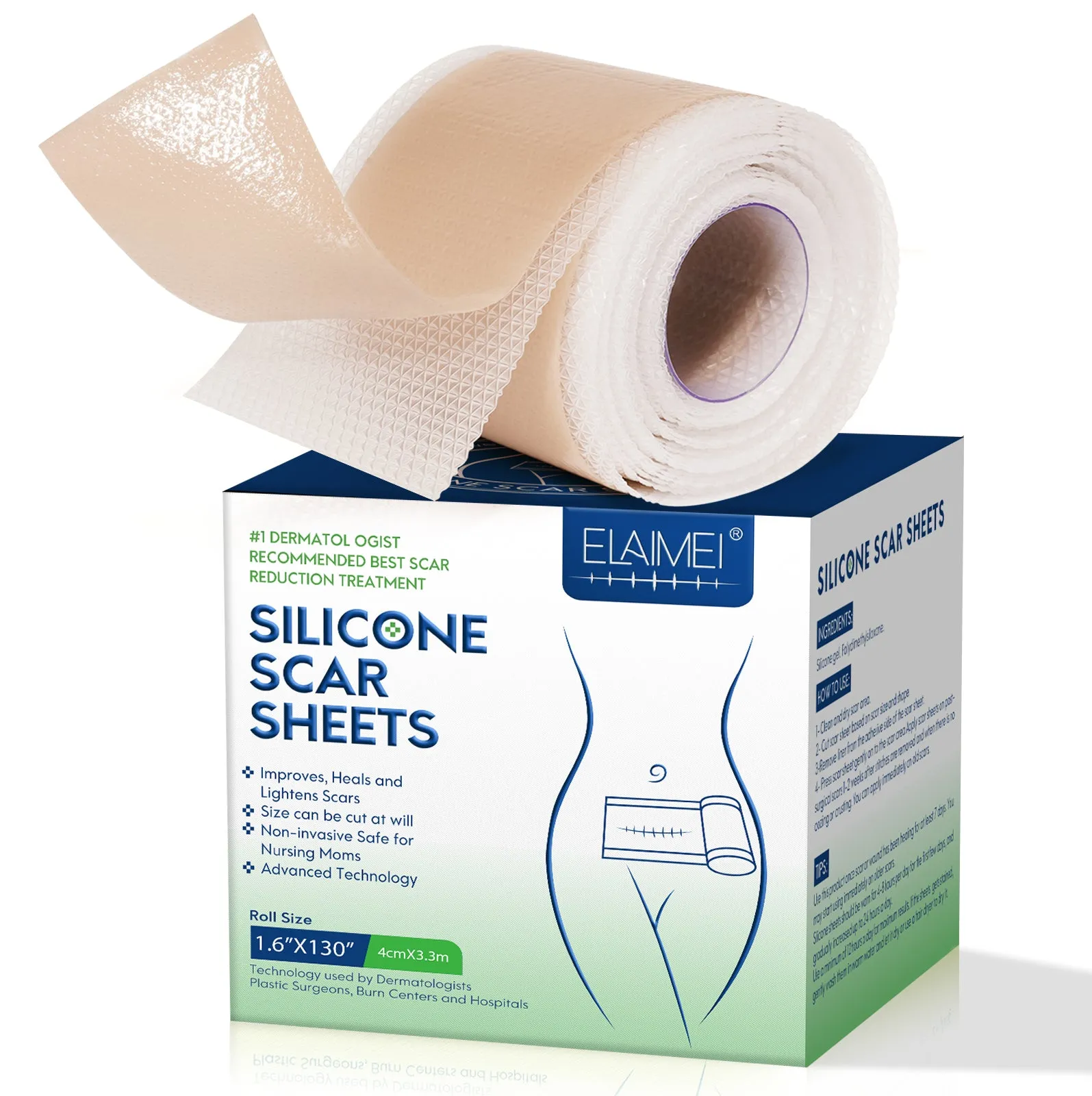 ELAIMEI Silicone Scar Sheets, Silicone Scar Tape, Scar Removal Strips for Acne Scars C-Section & Keloid Surgery Scars Sheets - 6-8 Month Supply