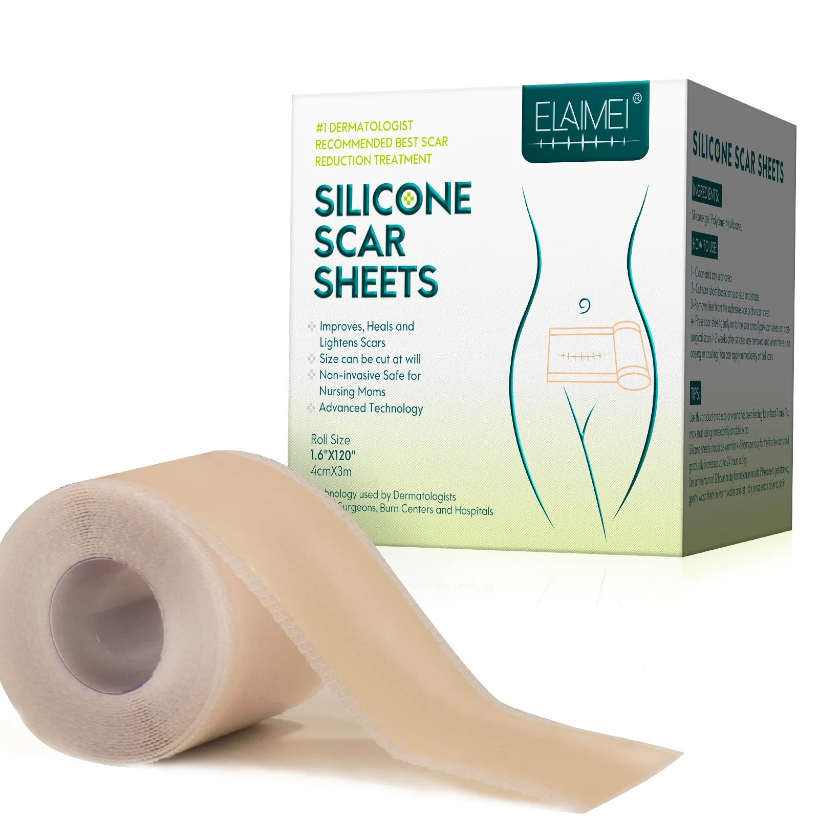ELAIMEI Silicone Scar Sheets, Silicone Scar Tape, Scar Removal Strips for Acne Scars C-Section & Keloid Surgery Scars Sheets - 6-8 Month Supply