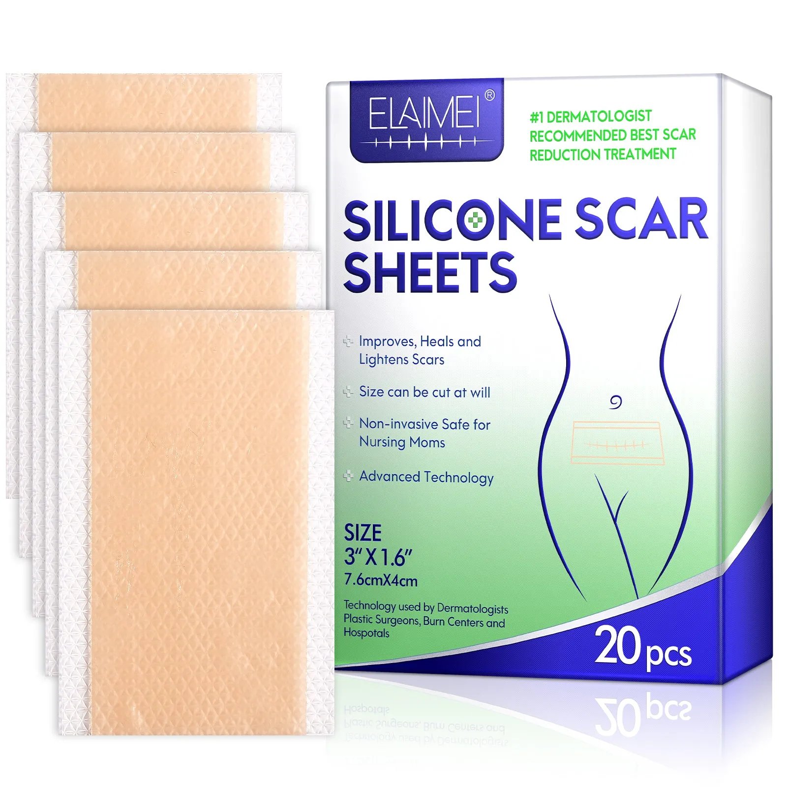 ELAIMEI Silicone Scar Sheets, Silicone Scar Tape, Scar Removal Strips for Acne Scars C-Section & Keloid Surgery Scars Sheets - 6-8 Month Supply