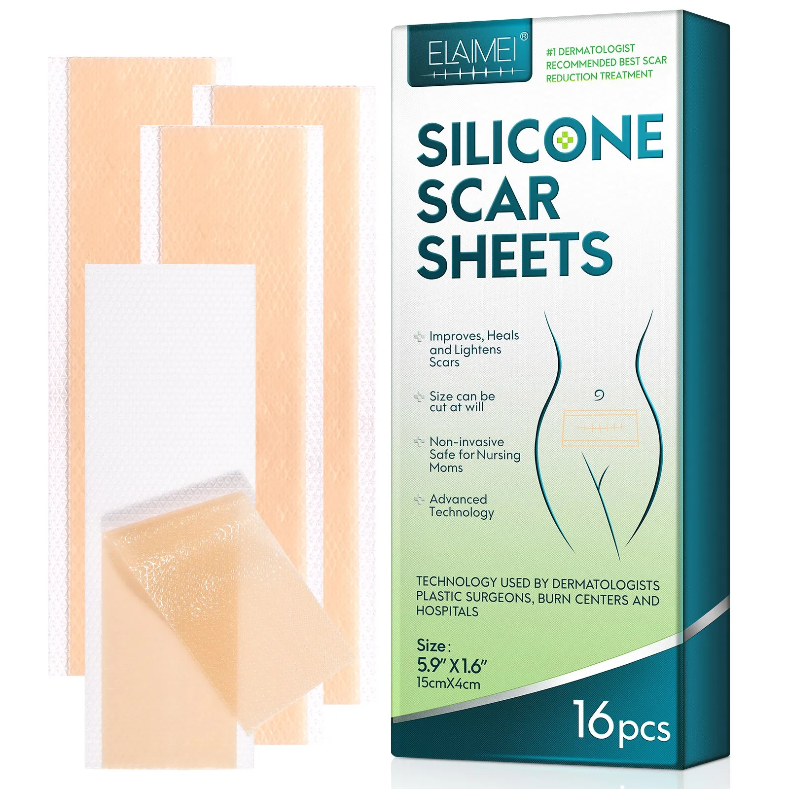 ELAIMEI Silicone Scar Sheets, Silicone Scar Tape, Scar Removal Strips for Acne Scars C-Section & Keloid Surgery Scars Sheets - 6-8 Month Supply