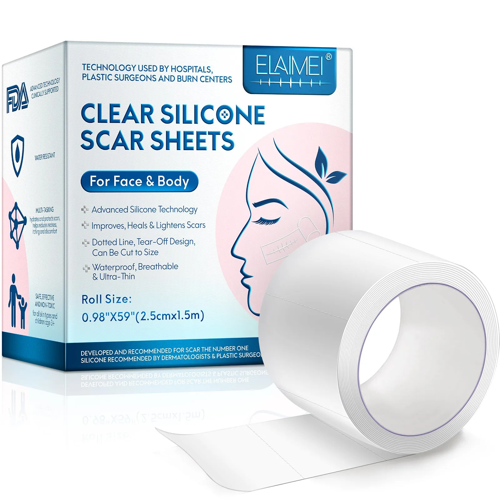 ELAIMEI Silicone Scar Sheets, Silicone Scar Tape, Scar Removal Strips for Acne Scars C-Section & Keloid Surgery Scars Sheets - 6-8 Month Supply
