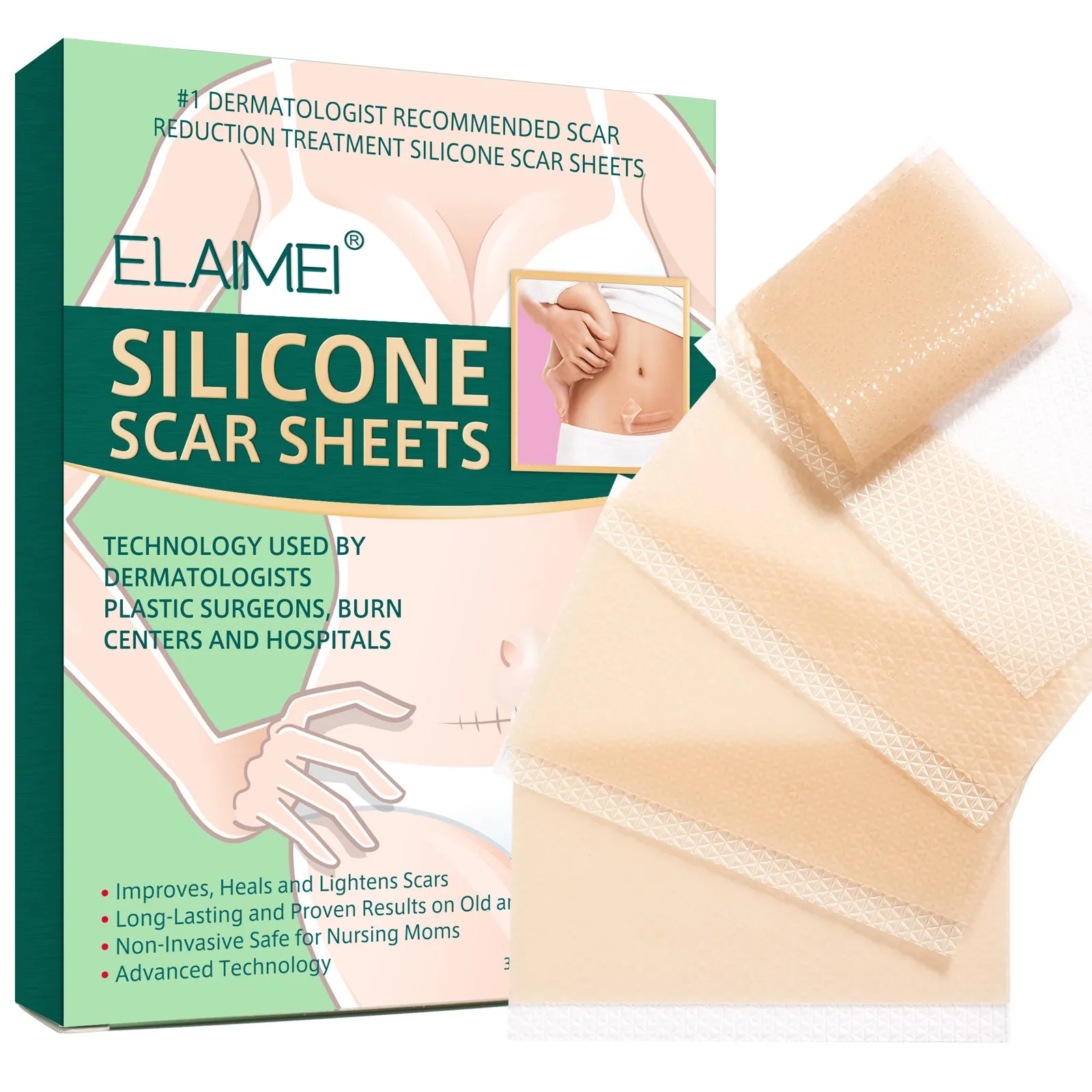 ELAIMEI Silicone Scar Sheets, Silicone Scar Tape, Scar Removal Strips for Acne Scars C-Section & Keloid Surgery Scars Sheets - 6-8 Month Supply