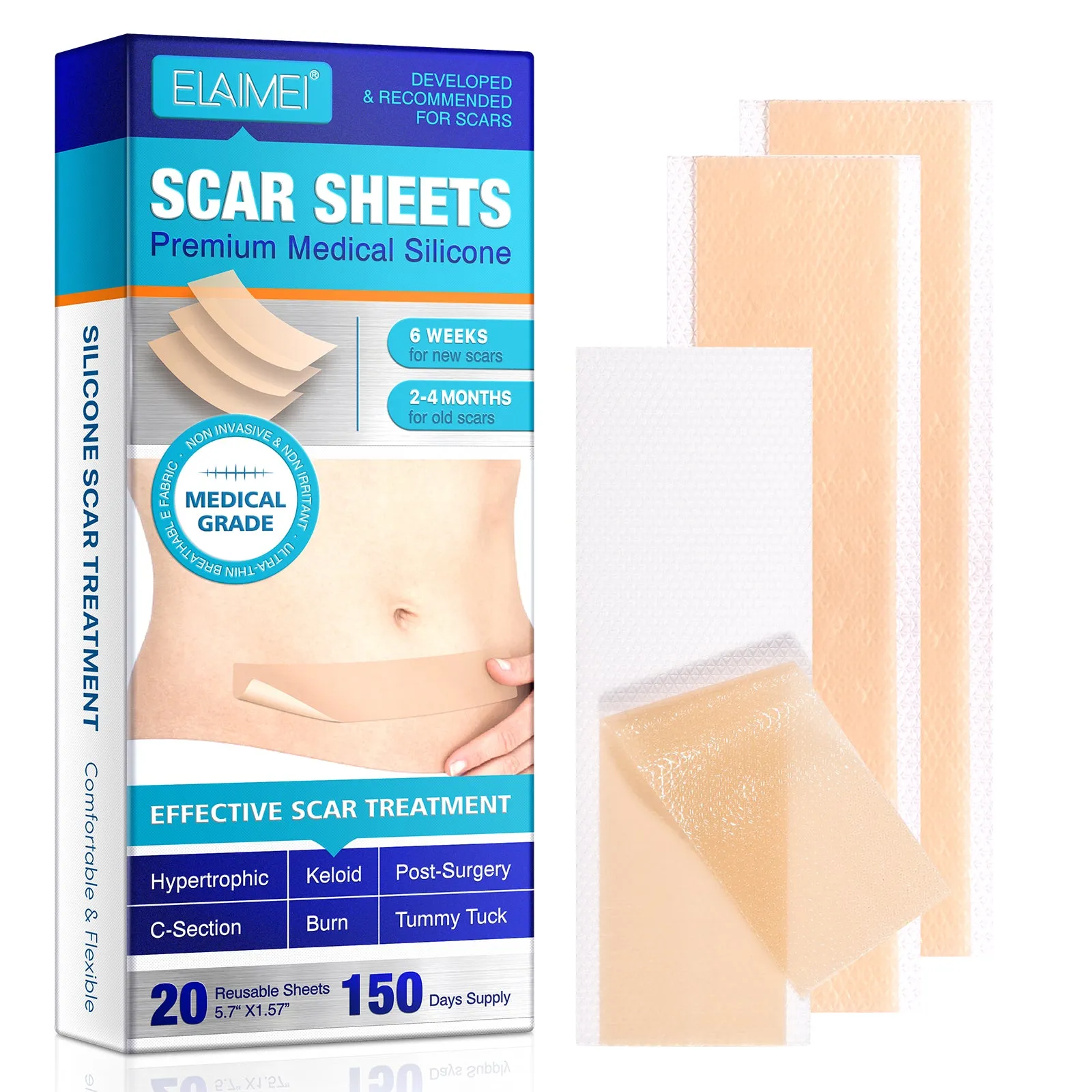 ELAIMEI Silicone Scar Sheets, Silicone Scar Tape, Scar Removal Strips for Acne Scars C-Section & Keloid Surgery Scars Sheets - 6-8 Month Supply