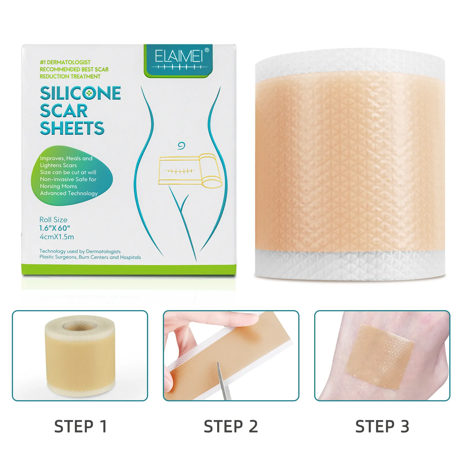 ELAIMEI Silicone Scar Sheets, Silicone Scar Tape, Scar Removal Strips for Acne Scars C-Section & Keloid Surgery Scars Sheets - 6-8 Month Supply
