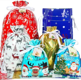 HRX Package Holiday Gift Wrapping Bags Drawstring, 15pcs Christmas Foil Sacks Pouches with Gift Tag for Xmas Presents Party Favor