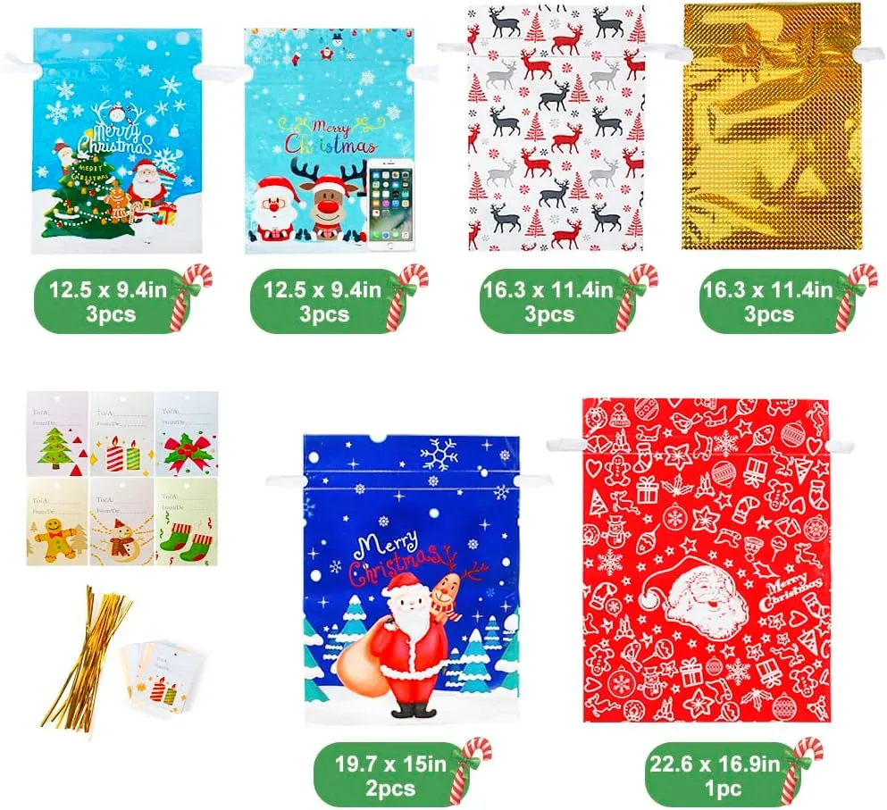 HRX Package Holiday Gift Wrapping Bags Drawstring, 15pcs Christmas Foil Sacks Pouches with Gift Tag for Xmas Presents Party Favor