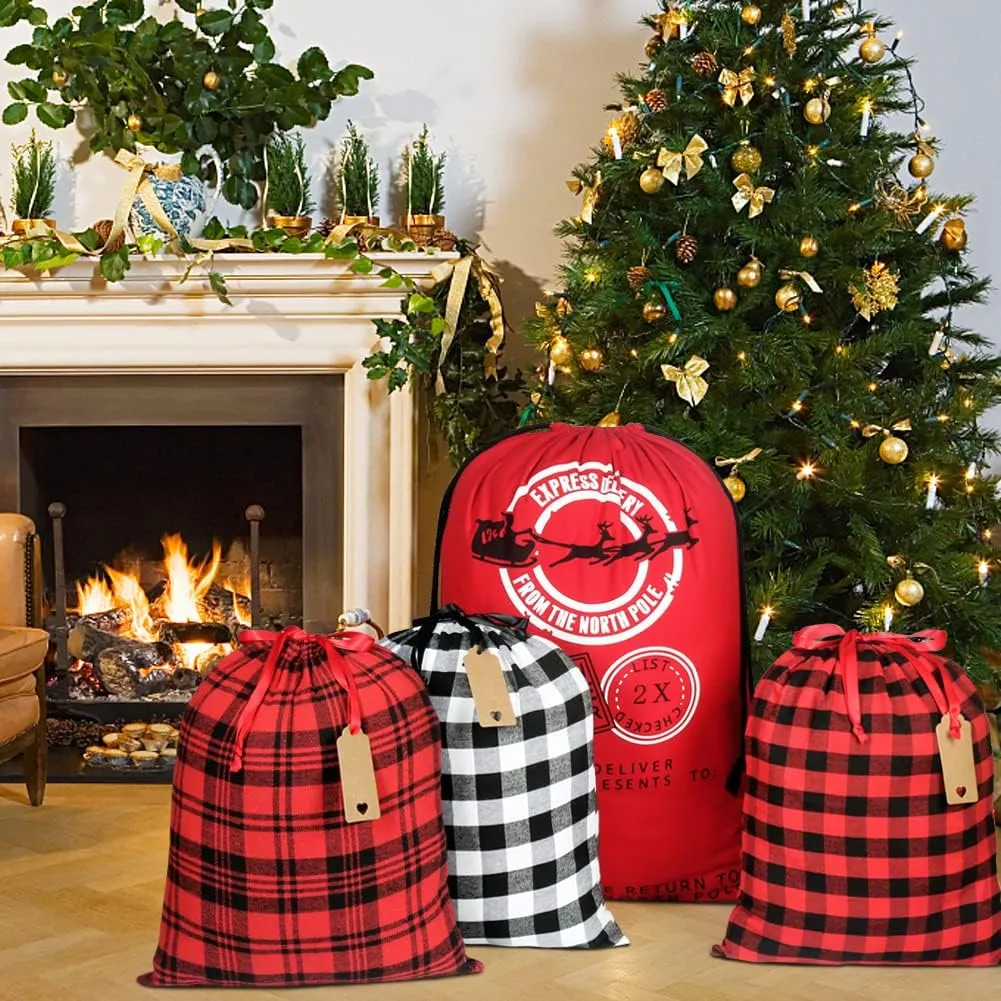 HRX Package Large Cloth Christmas Gift Bags, 4pcs Reusable Fabric Drawstring Wrapping Bags Holiday Santa Sack with Gift Tag for Xmas Presents