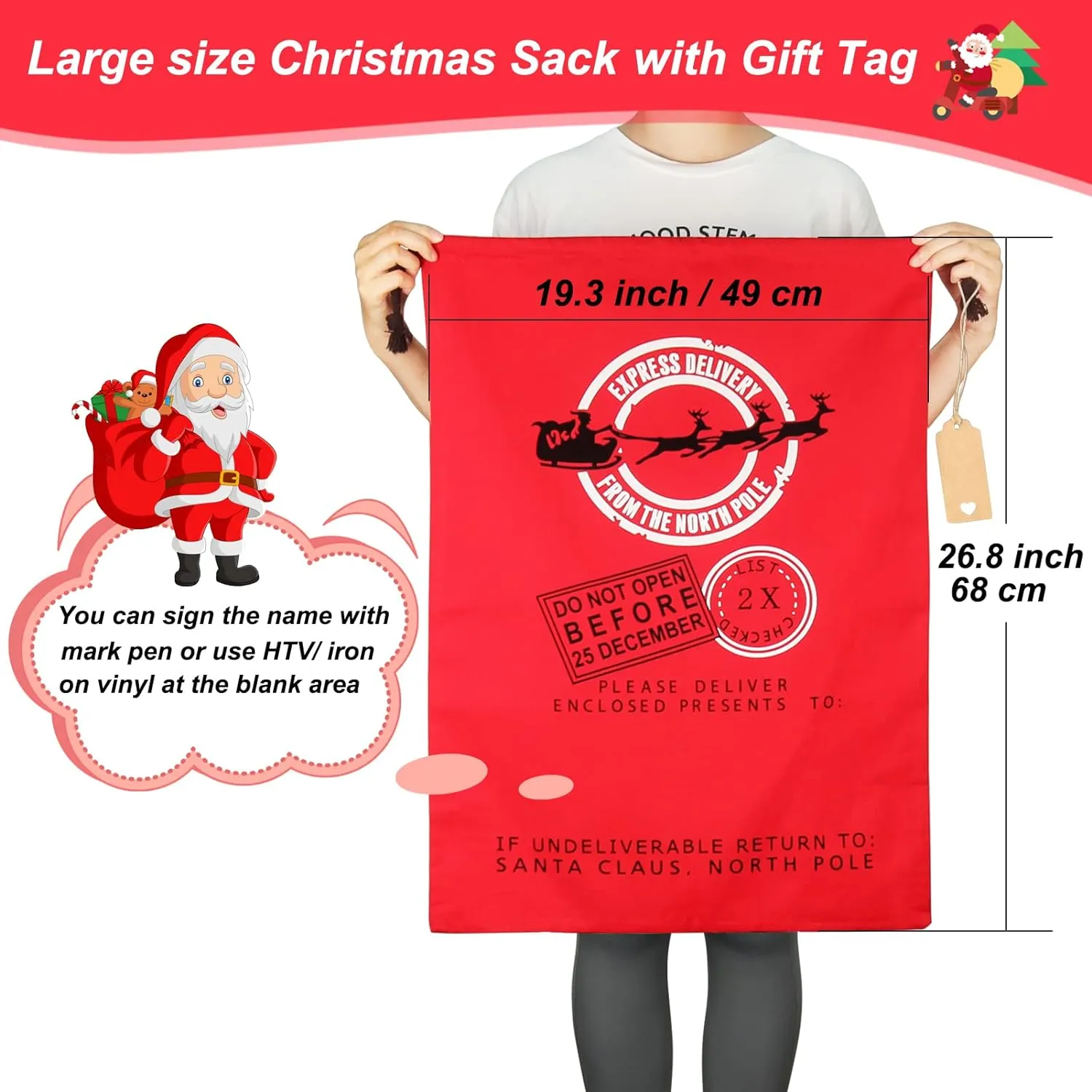HRX Package Large Cloth Christmas Gift Bags, 4pcs Reusable Fabric Drawstring Wrapping Bags Holiday Santa Sack with Gift Tag for Xmas Presents