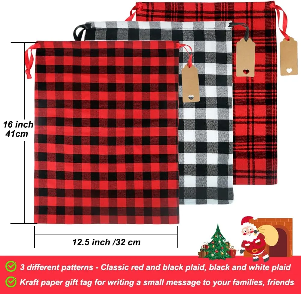 HRX Package Large Cloth Christmas Gift Bags, 4pcs Reusable Fabric Drawstring Wrapping Bags Holiday Santa Sack with Gift Tag for Xmas Presents