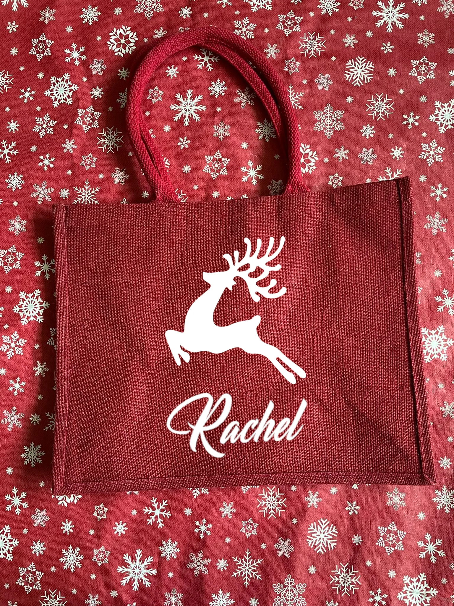 Large hessian / jute personalised Christmas tote bag. Gift or shopping bag, choice of designs.