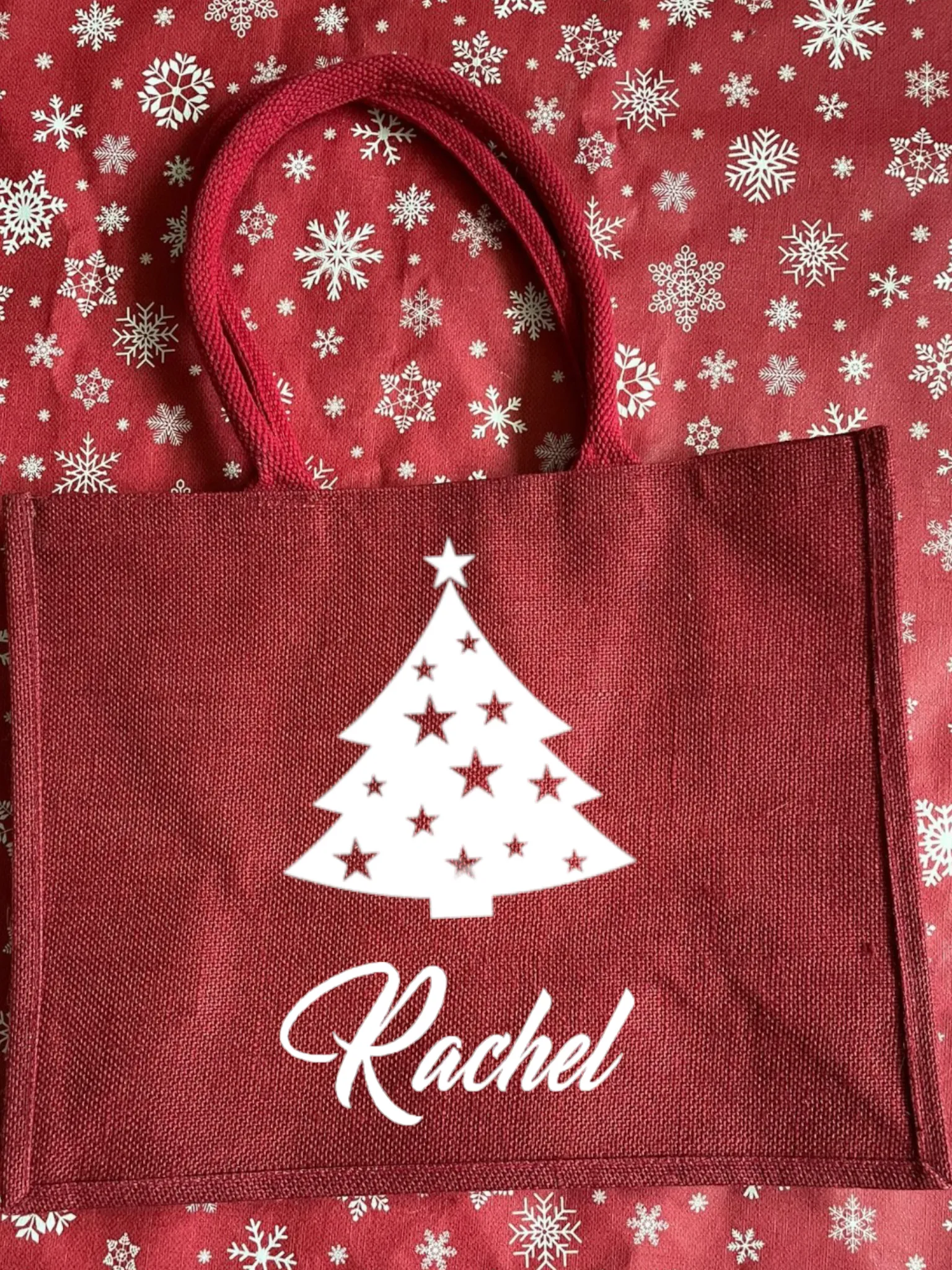 Large hessian / jute personalised Christmas tote bag. Gift or shopping bag, choice of designs.