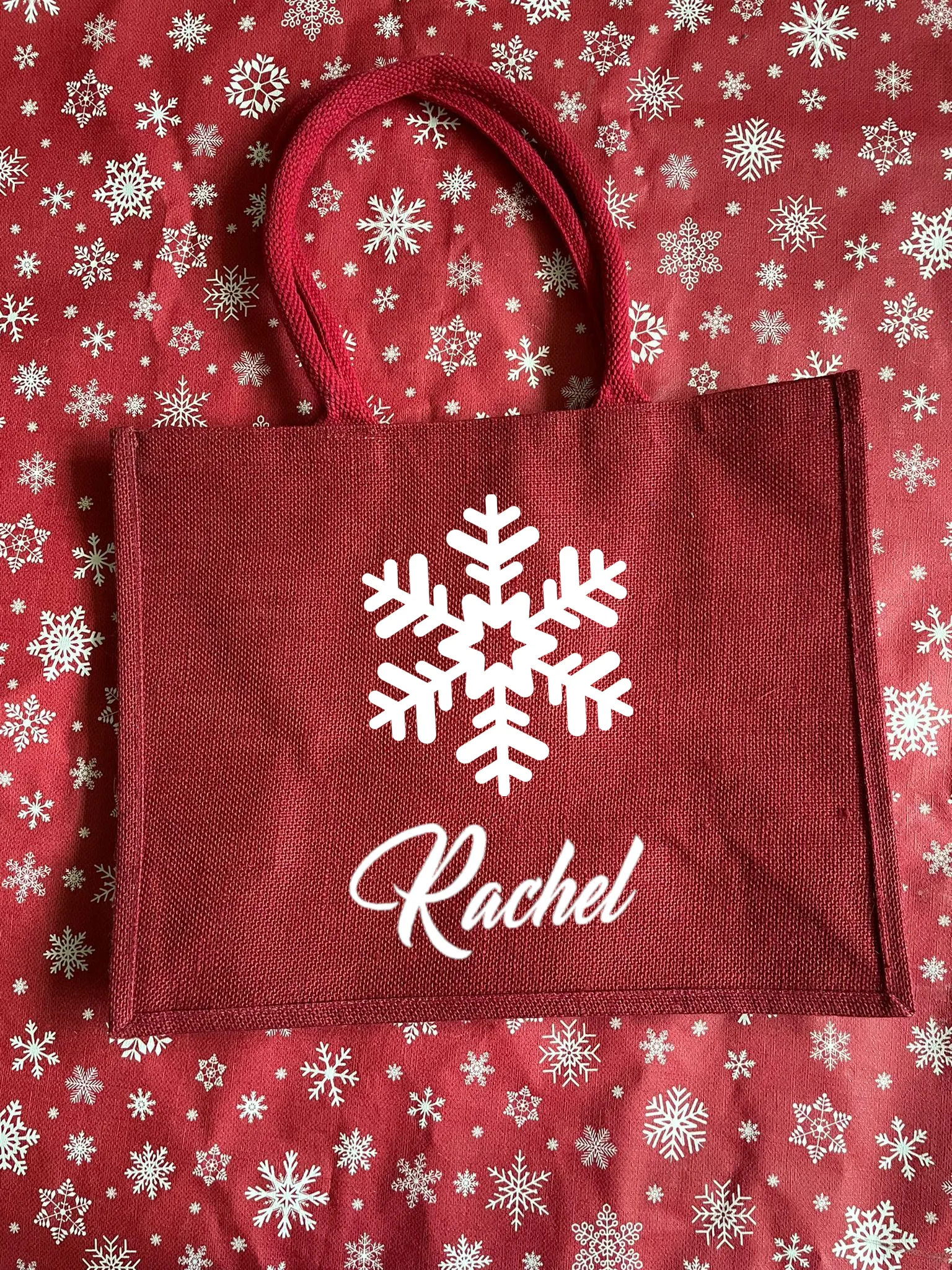 Large hessian / jute personalised Christmas tote bag. Gift or shopping bag, choice of designs.