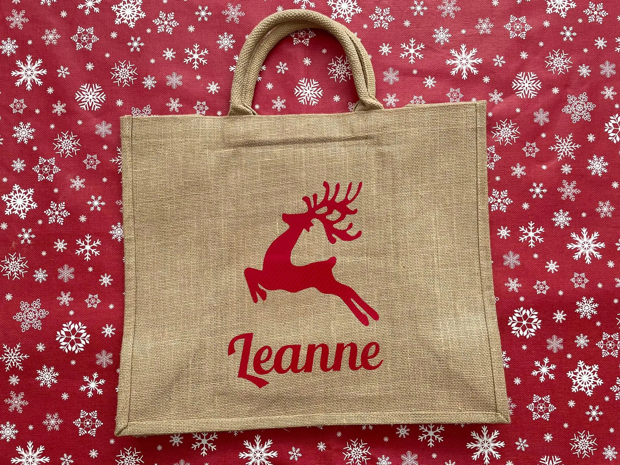 Large hessian / jute personalised Christmas tote bag. Gift or shopping bag, choice of designs.