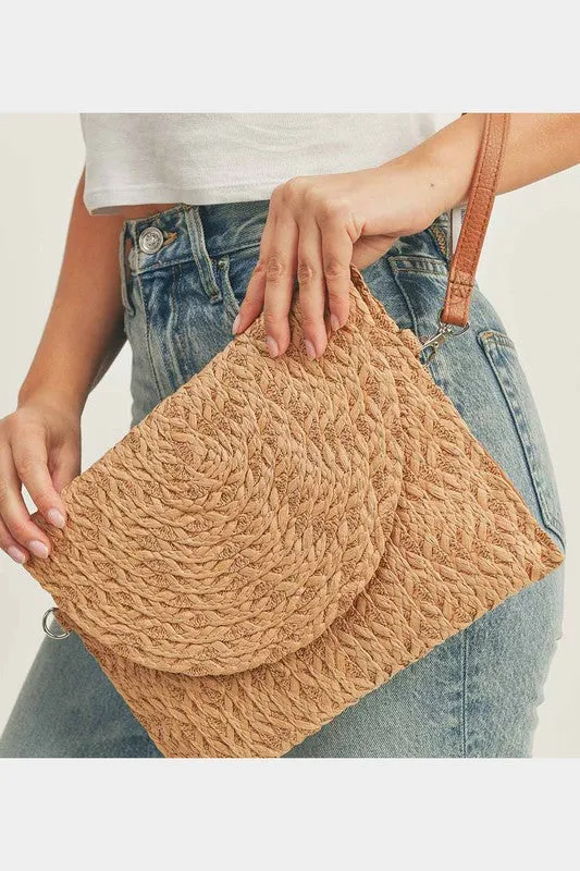 Natural Straw Envelope Wristlet Clutch / Crossbody Bag