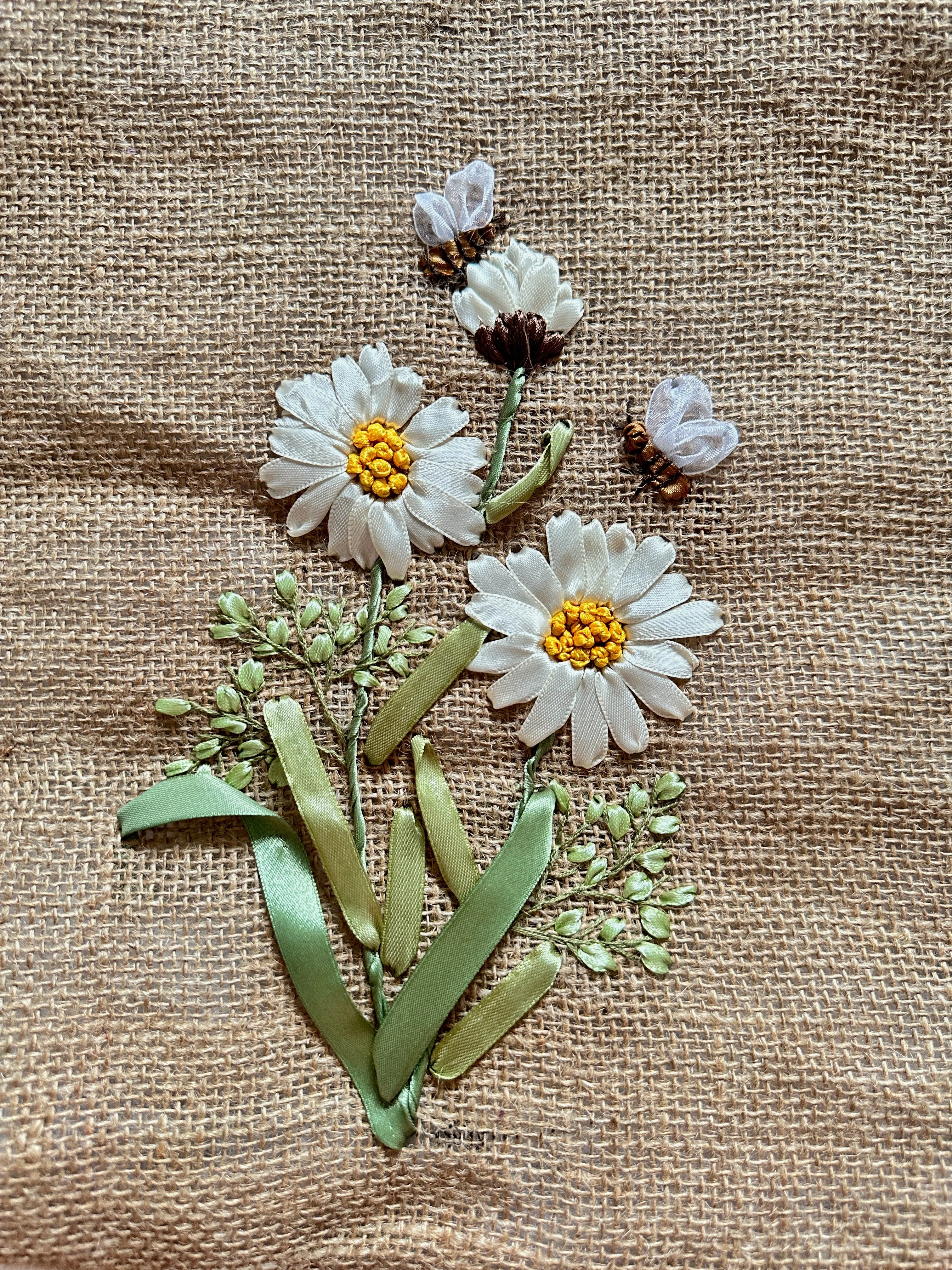 Ribbon Embroidered Daisy Branch Jute Bag