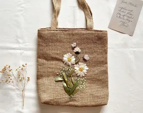 Ribbon Embroidered Daisy Branch Jute Bag
