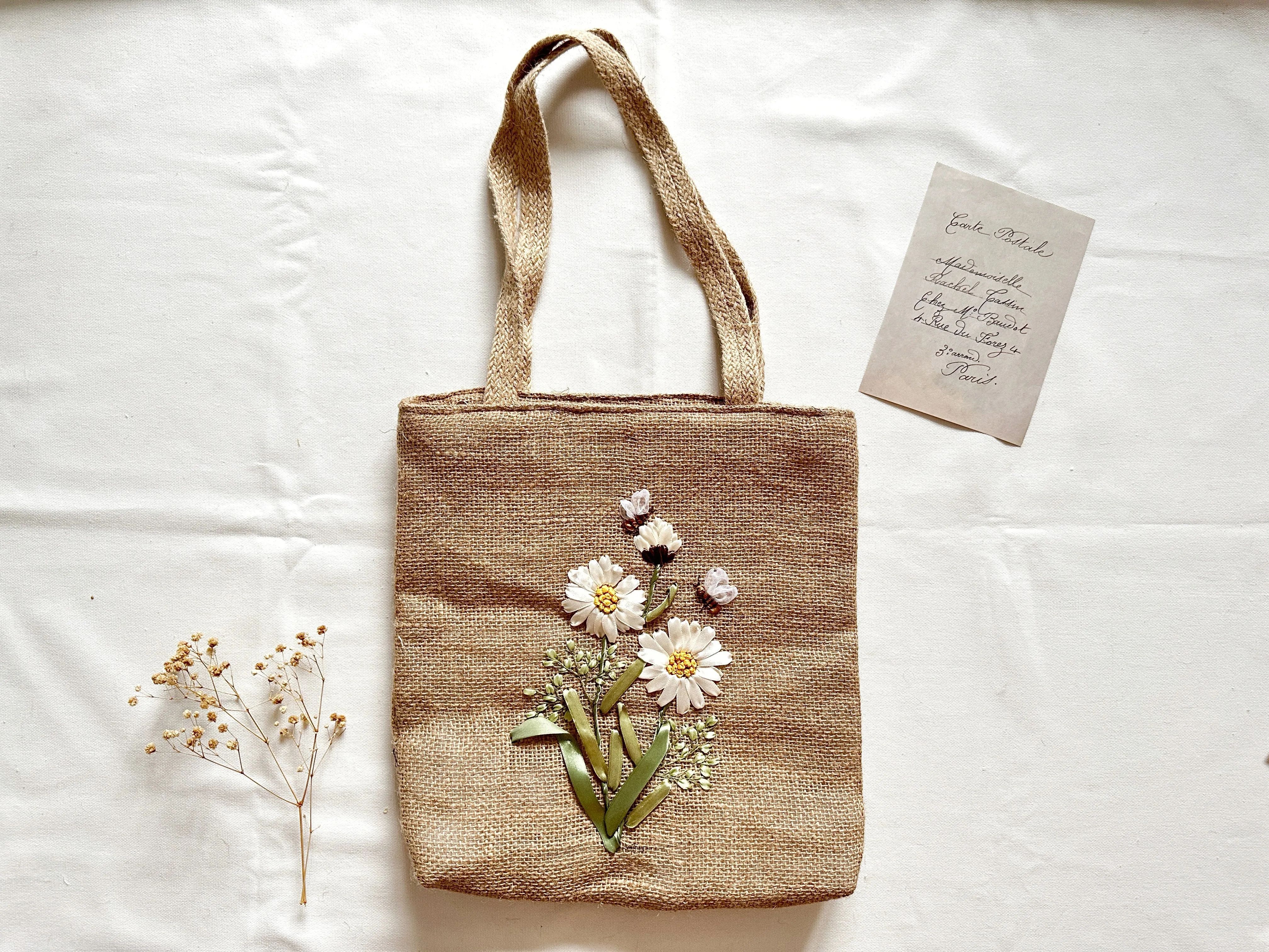 Ribbon Embroidered Daisy Branch Jute Bag