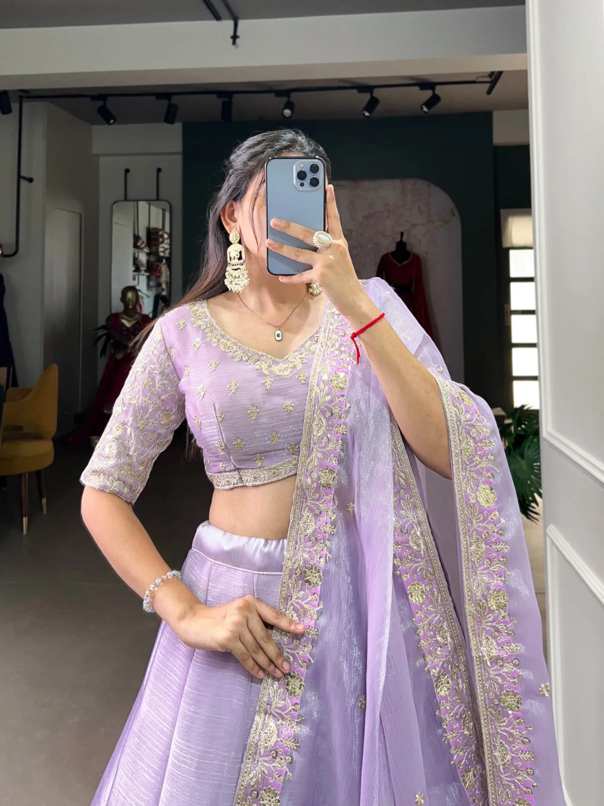 Women's Designer Party Wear Burberry Silk With Sequins Embroidery Lehenga Choli