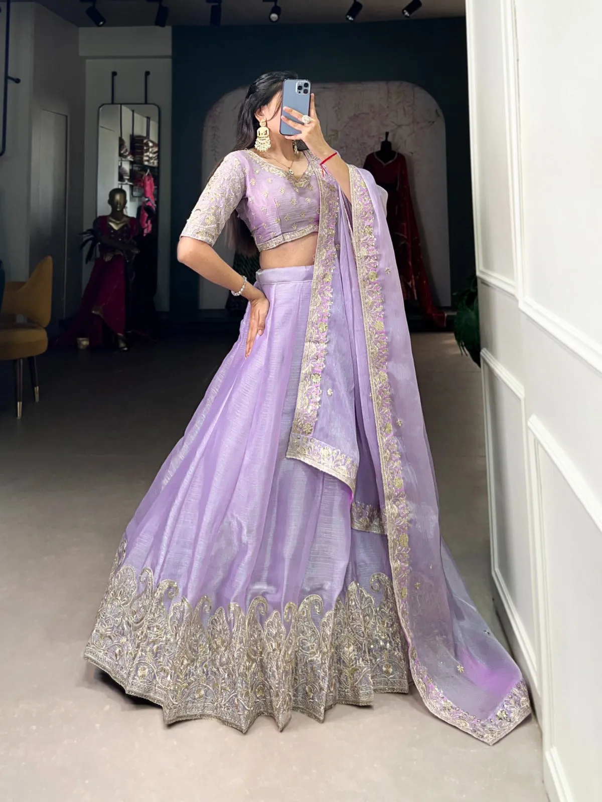 Women's Designer Party Wear Burberry Silk With Sequins Embroidery Lehenga Choli