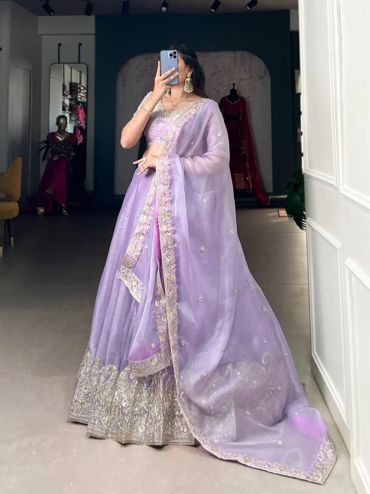 Women's Designer Party Wear Burberry Silk With Sequins Embroidery Lehenga Choli